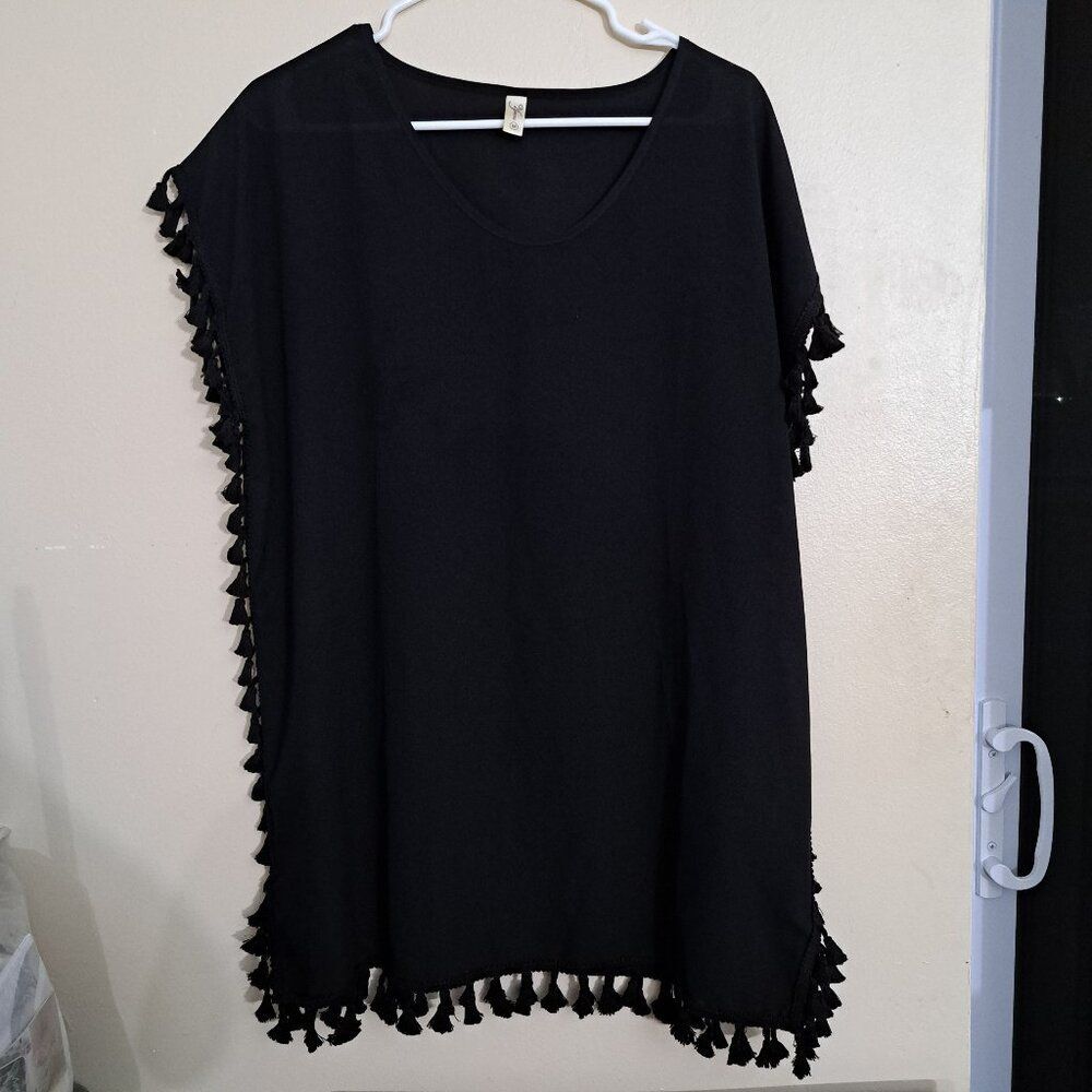 Yincra Black Tunic Top Size M Tassel Trim Swim Cover Up